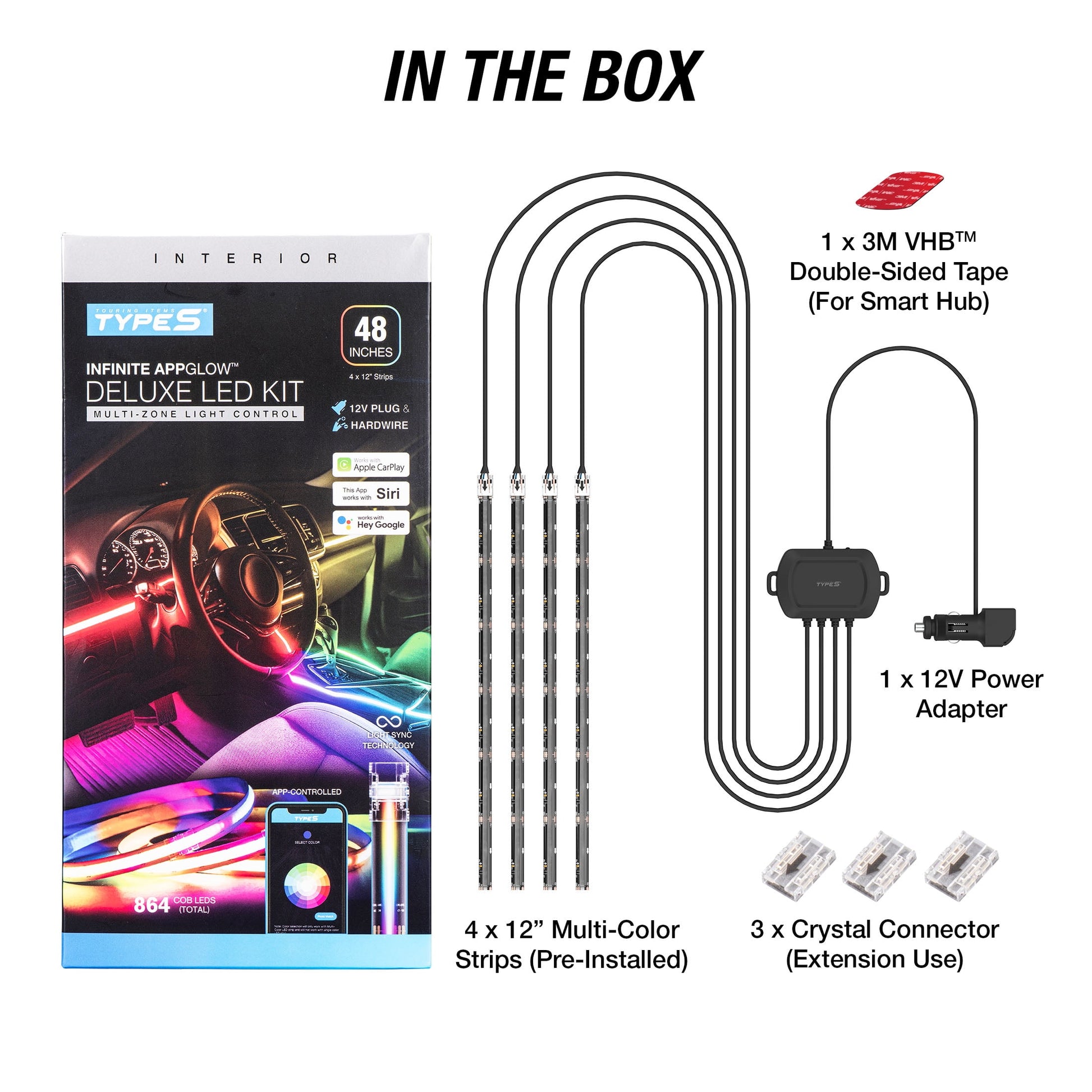 - Infinite Appglow Smart Interior Car LED Light Kit – 4 X 12” RGB Strips, Carplay, Android Auto, Voice Control, Custom Presets, 12V Plug & Play