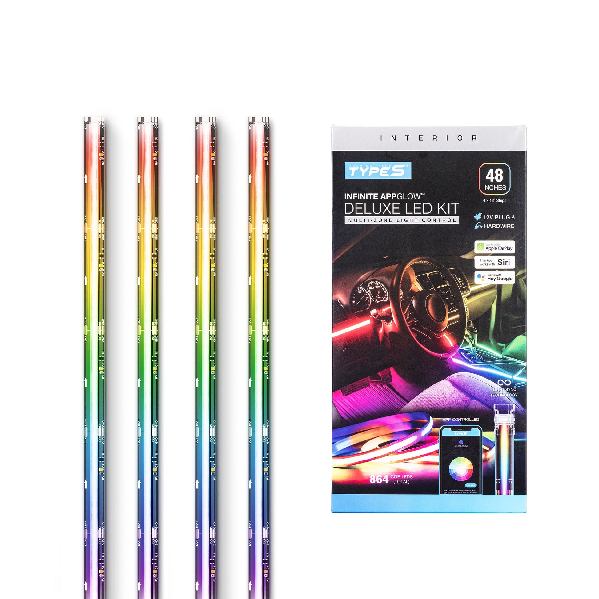 - Infinite Appglow Smart Interior Car LED Light Kit – 4 X 12” RGB Strips, Carplay, Android Auto, Voice Control, Custom Presets, 12V Plug & Play