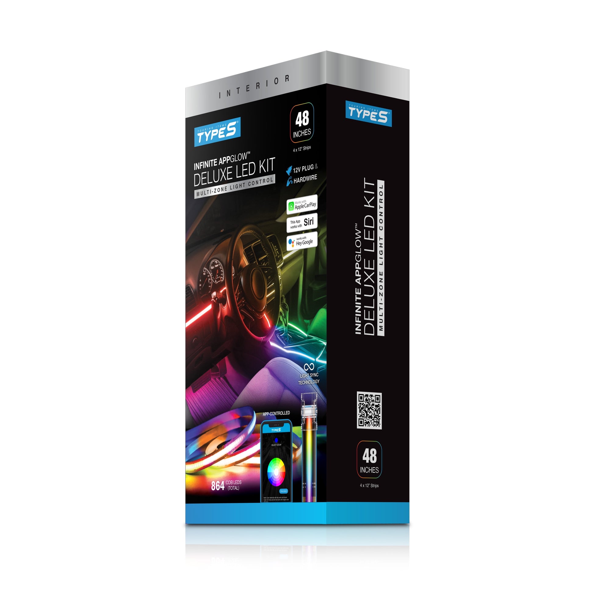 - Infinite Appglow Smart Interior Car LED Light Kit – 4 X 12” RGB Strips, Carplay, Android Auto, Voice Control, Custom Presets, 12V Plug & Play