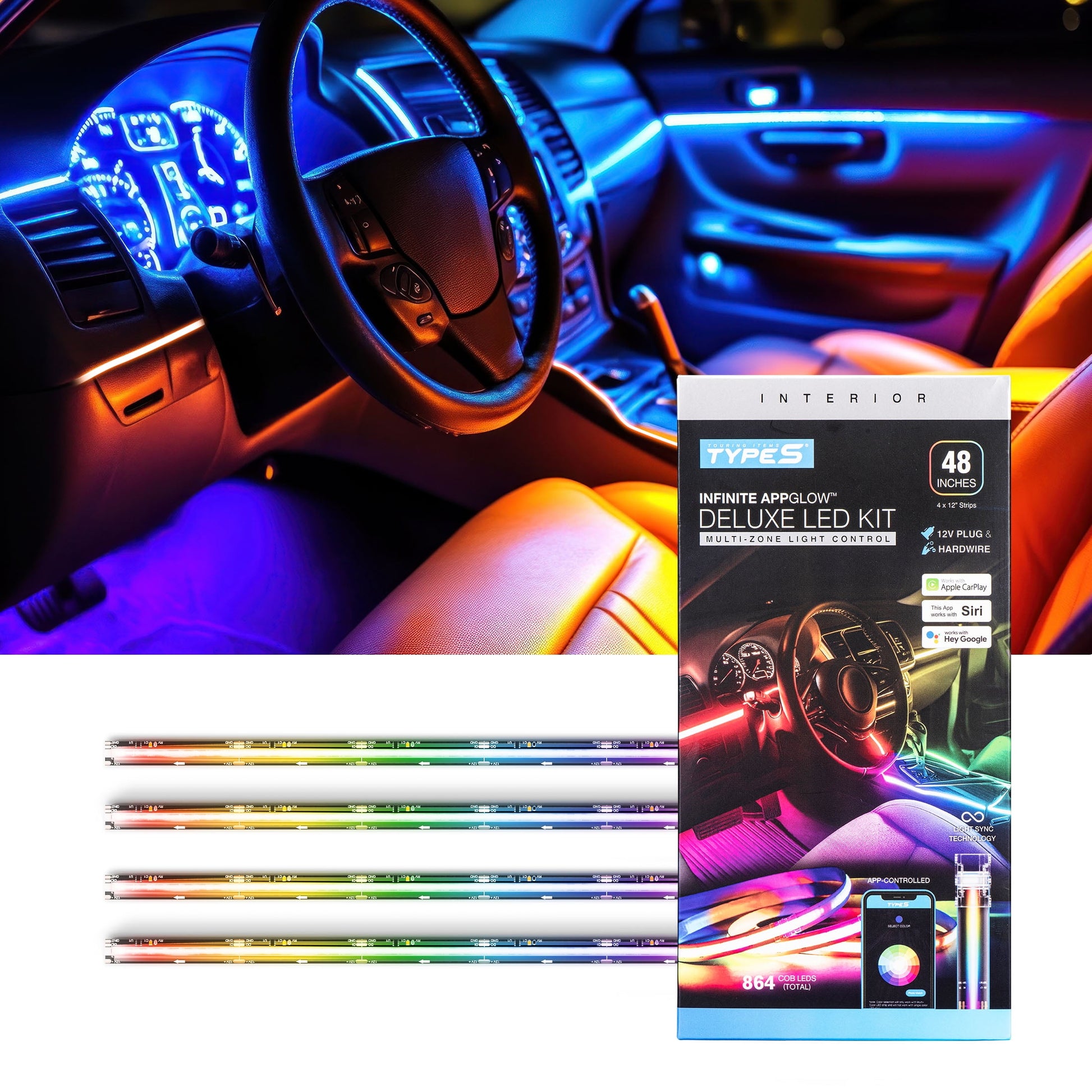 - Infinite Appglow Smart Interior Car LED Light Kit – 4 X 12” RGB Strips, Carplay, Android Auto, Voice Control, Custom Presets, 12V Plug & Play