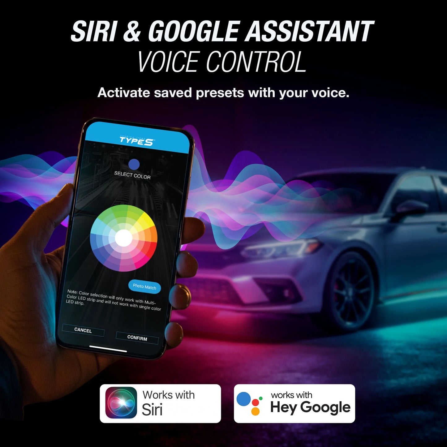 - Appglow Multicolor Underglow LED Kit, Carplay Compatible, Siri & Hey Google Voice-Control, Bluetooth, Custom RGB Lighting Presets, Control Zones, 112 Inches